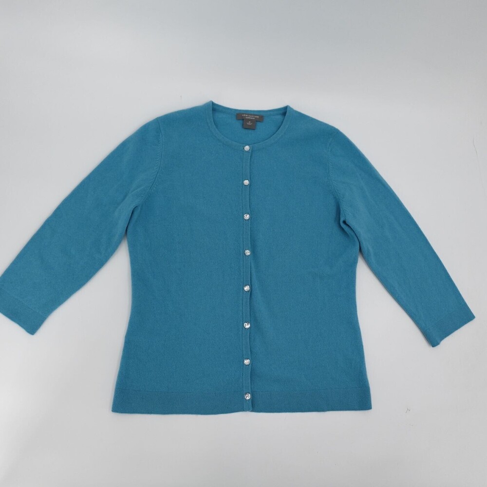 Ann Taylor Cardigan Sweater Womens Medium Blue Cashmere Button Up Crewneck Knit